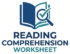 Modern logo for "Reading Comprehension Worksheet" on a plain white background. The icon features a clean, stylized open book with a dark blue left page and a teal right page. A bold, white checkmark with a teal outline swoops upward from the right page, ending in a small dark blue star. Below the icon, the text "READING COMPREHENSION" is written in a bold, dark blue sans-serif font, with "WORKSHEET" in teal directly underneath.