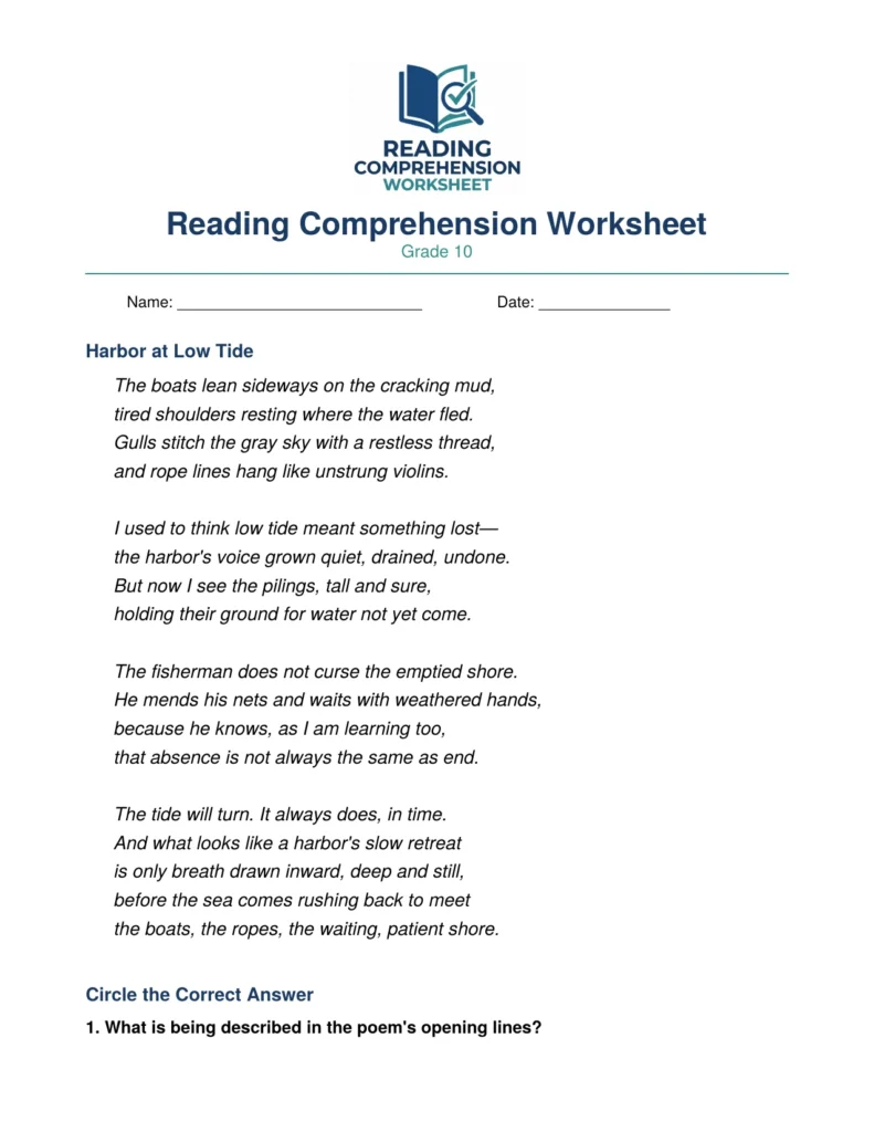 Grade 10 reading comprehension worksheet PDF preview with poem and questions"