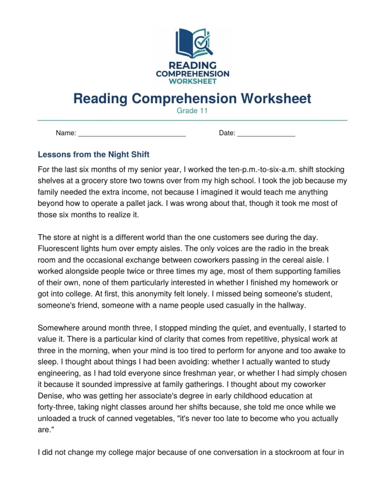 Grade 11 reading comprehension worksheet PDF preview with personal narrative essay and questions