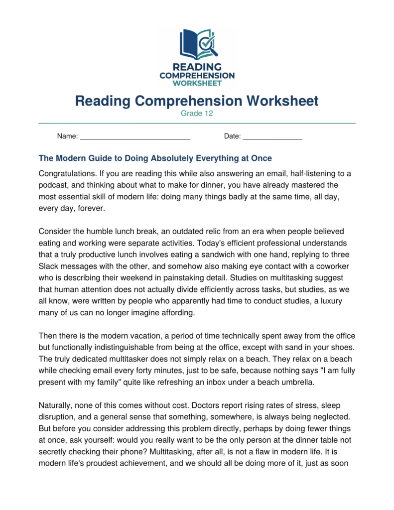 Grade 12 reading comprehension worksheet PDF preview with satirical essay and questions