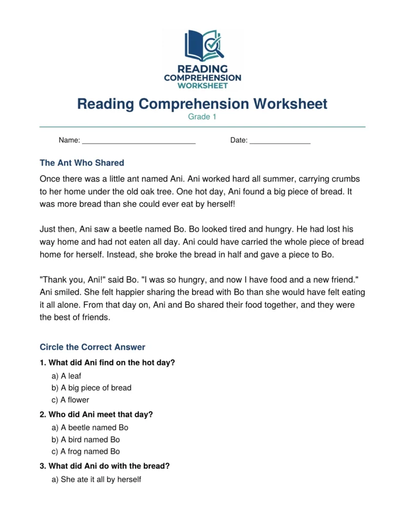 Grade 1 fable worksheet preview: The Ant Who Shared, with comprehension questions