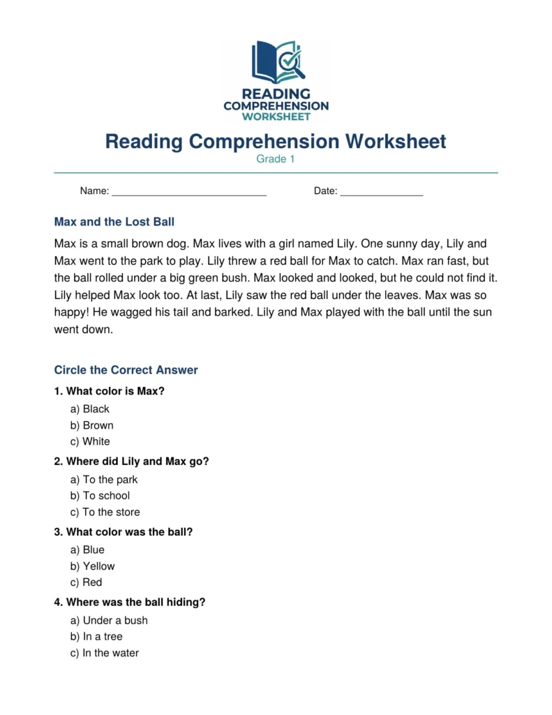 Free Grade 1 Reading Comprehension Worksheet (PDF)