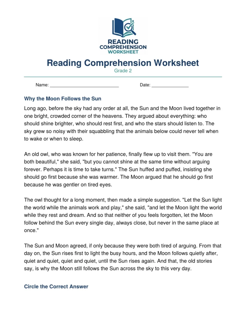 Grade 2 folktale worksheet preview: Why the Moon Follows the Sun, with comprehension questions
