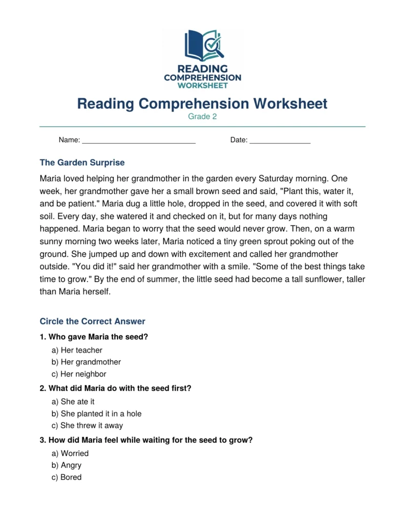 Free Grade 2 Reading Comprehension Worksheet (Free PDF)