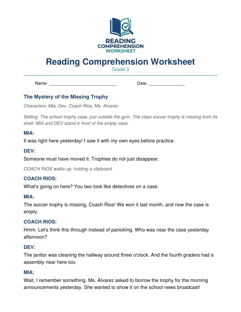 Grade 3 play script worksheet preview: The Mystery of the Missing Trophy, with comprehension questions
