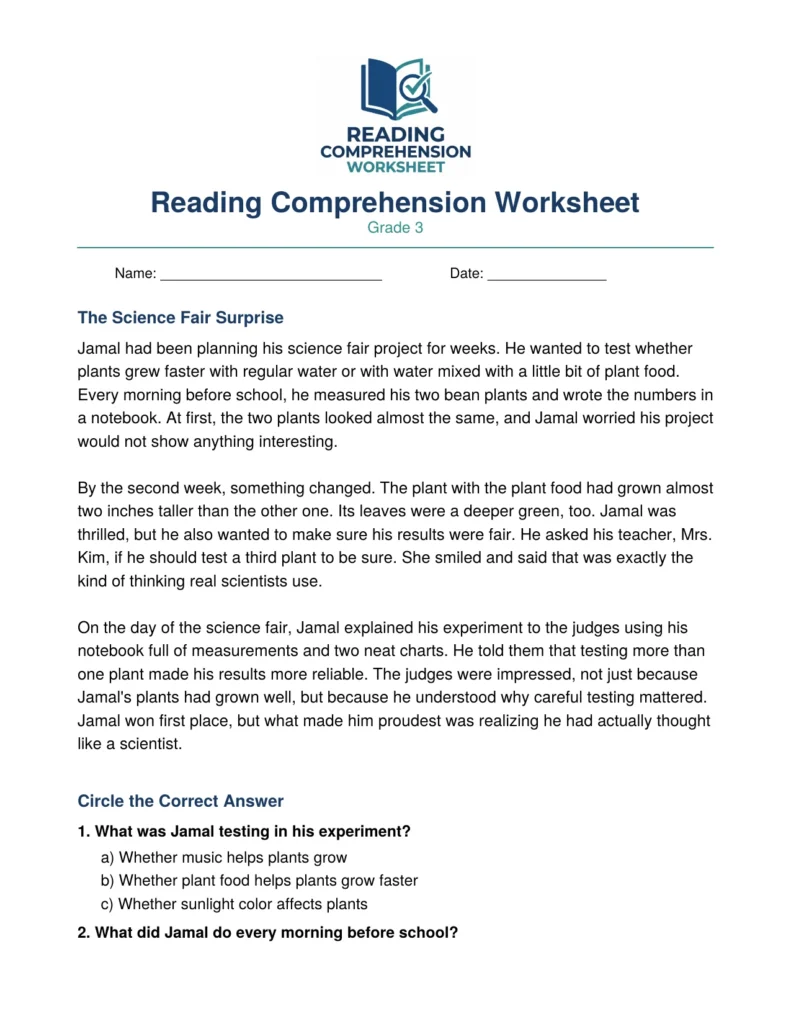 Free Grade 3 Reading Comprehension Worksheet (PDF)