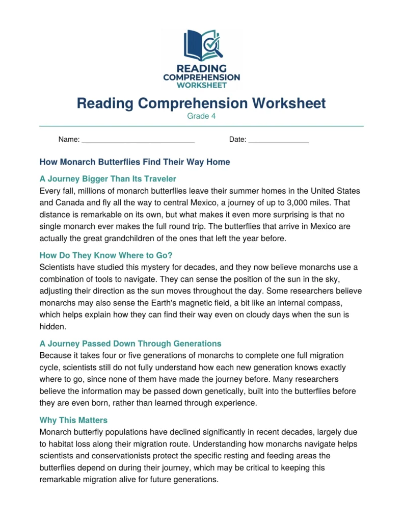 Grade 4 nonfiction worksheet preview: How Monarch Butterflies Find Their Way Home, with headings and comprehension questions