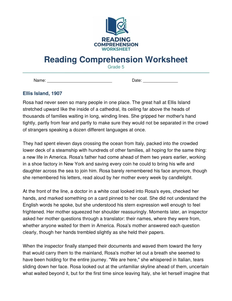 Grade 5 historical fiction worksheet preview: Ellis Island 1907, with comprehension questions