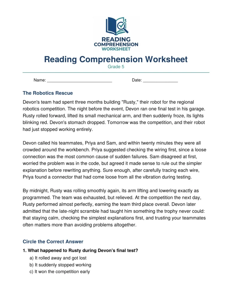 Free Grade 5 Reading Comprehension Worksheet (PDF)