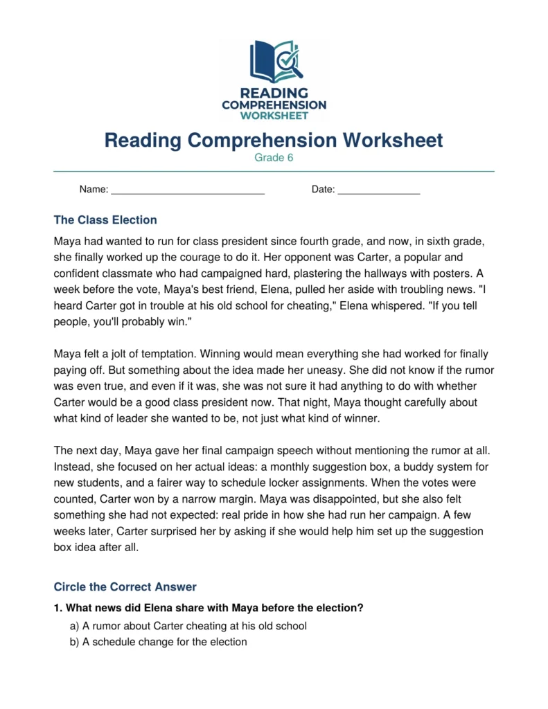 Free Grade 6 Reading Comprehension Worksheet (PDF)