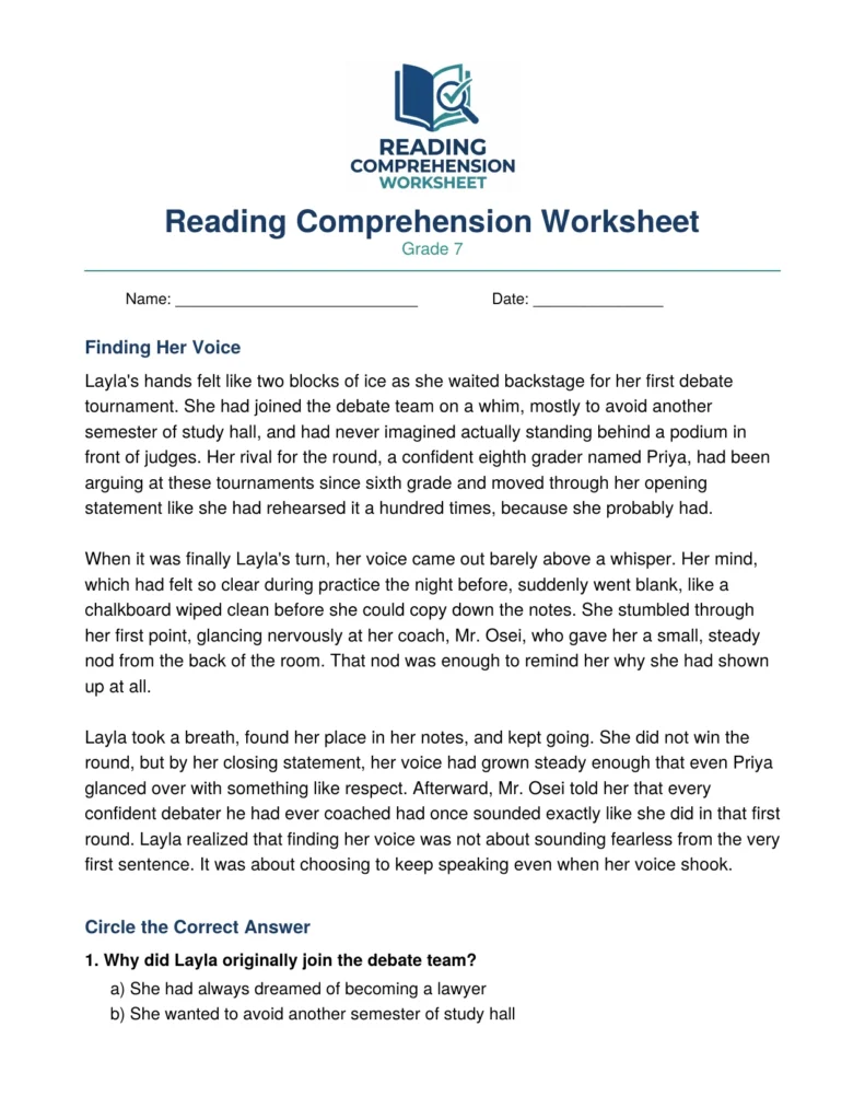 Free Grade 7 Reading Comprehension Worksheet (PDF)