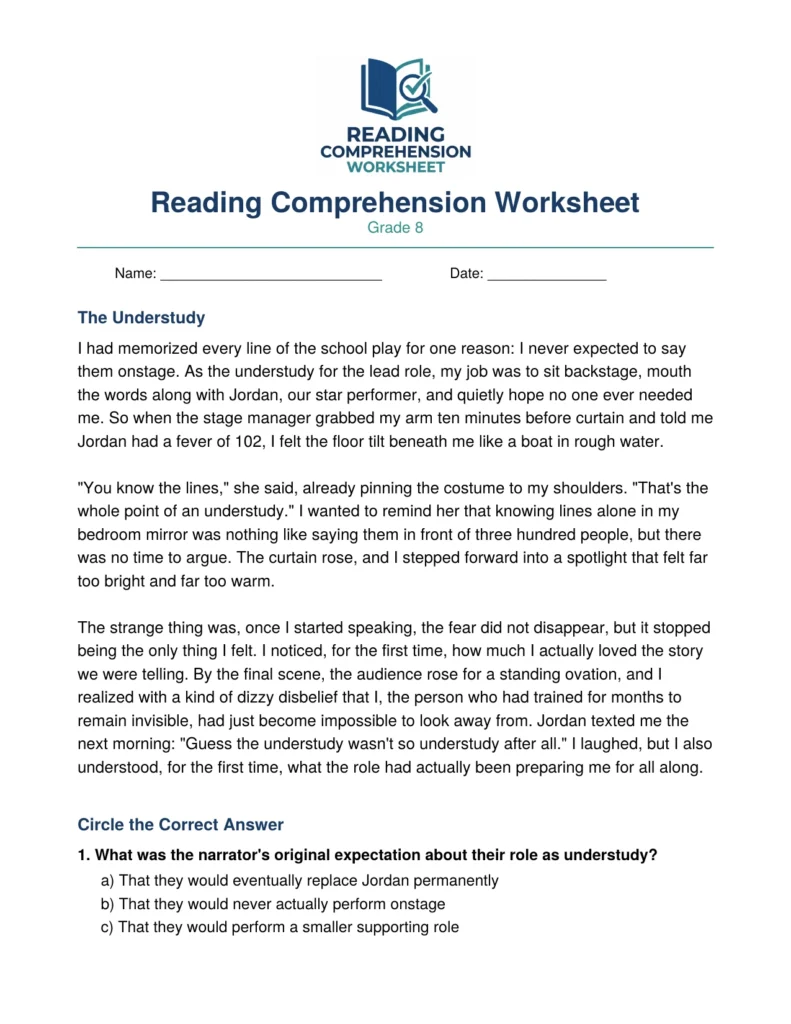 Free Grade 8 Reading Comprehension Worksheet (PDF)