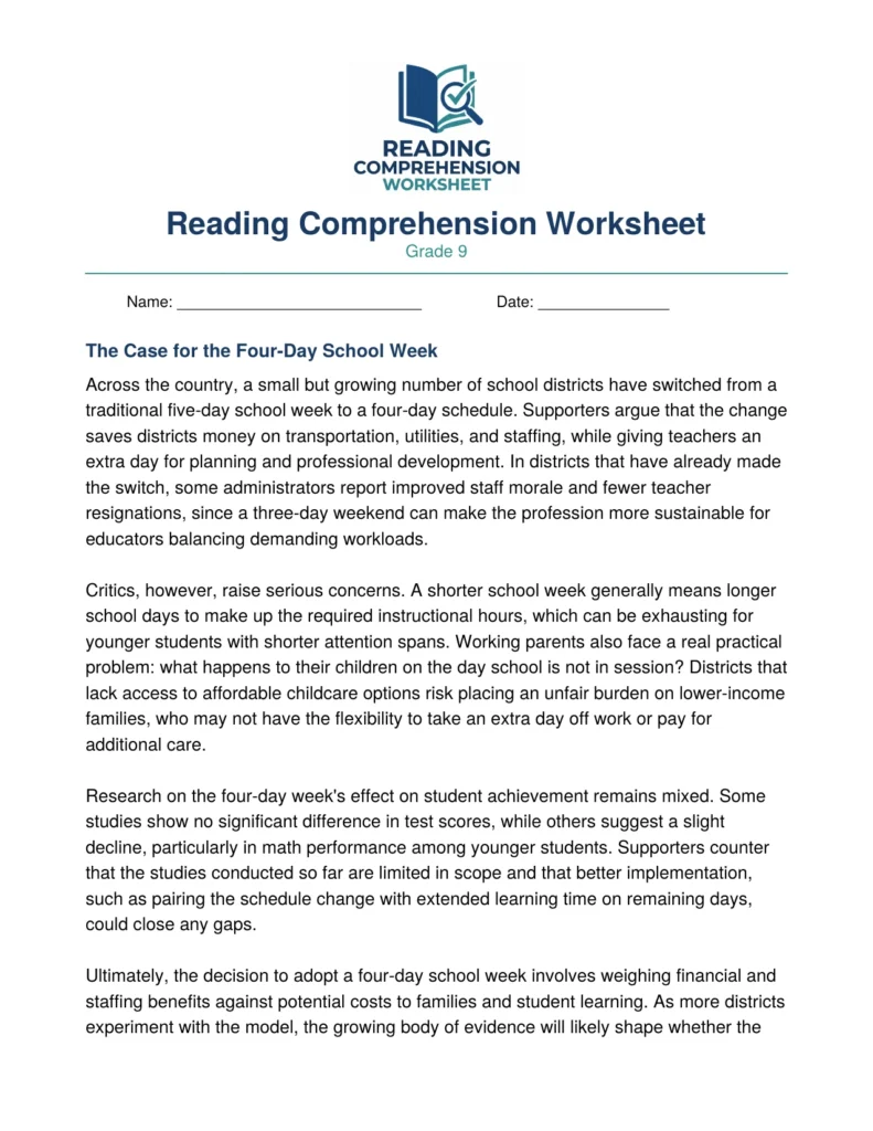 Free Grade 9 Reading Comprehension Worksheet (PDF)