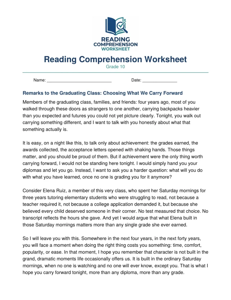 Grade 10 speech analysis worksheet preview: Remarks to the Graduating Class, with comprehension and rhetoric questions