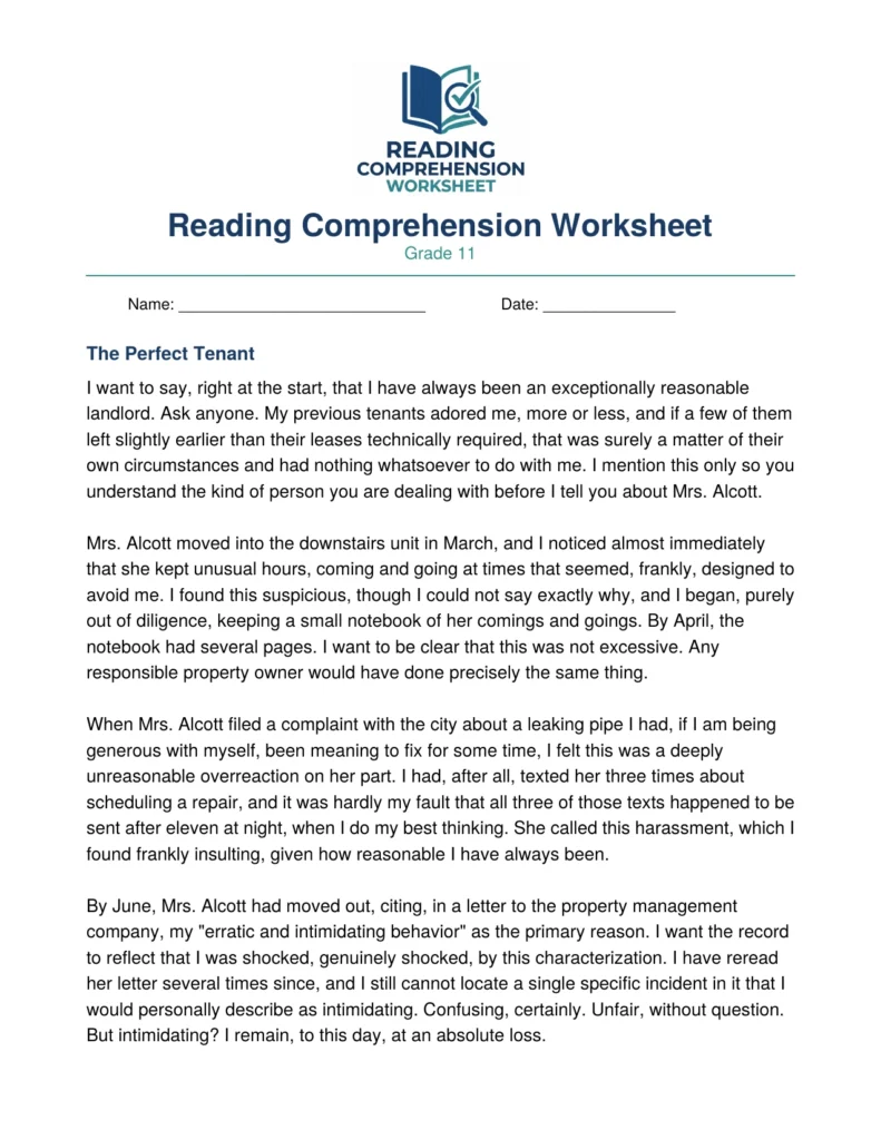 Grade 11 Unreliable Narrator Worksheet: The Perfect Tenant