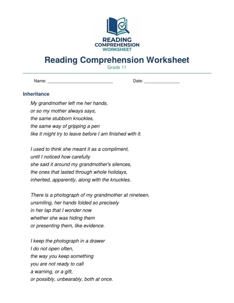 Grade 11 Poetry Worksheet: "Inheritance" (PDF)