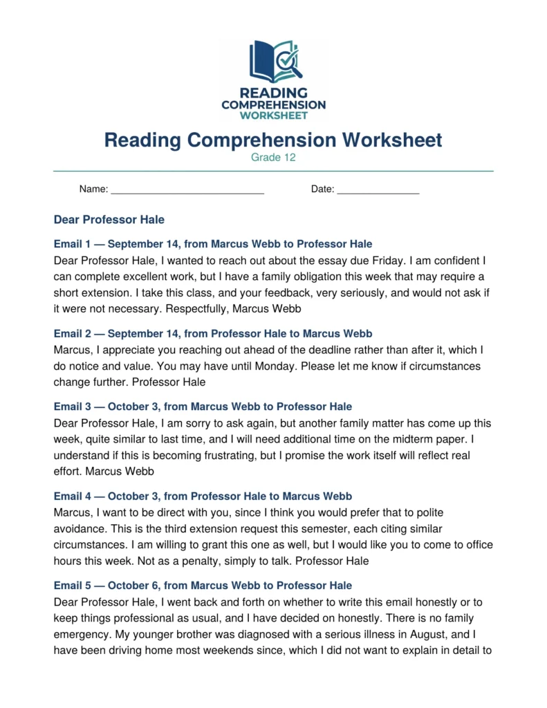 Grade 12 Epistolary Fiction Worksheet: Dear Professor Hale