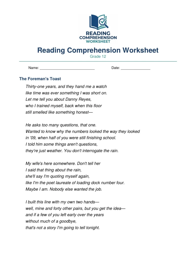 Grade 12 Dramatic Monologue Worksheet: The Foreman's Toast