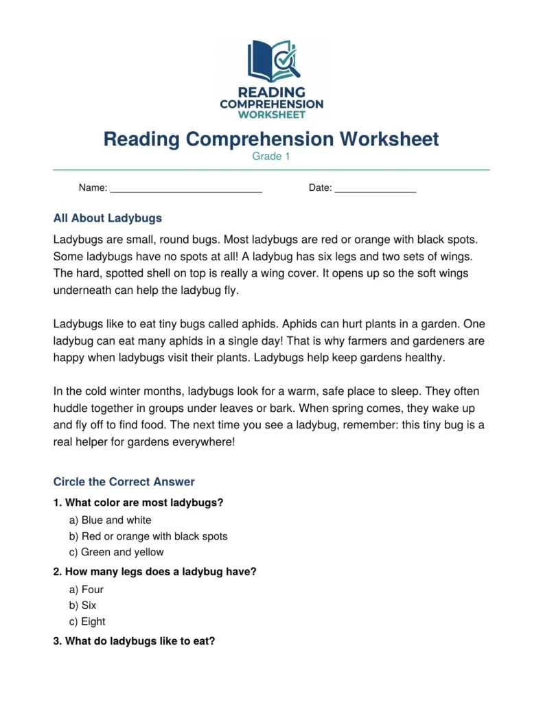 Grade 1 Nonfiction Worksheet: All About Ladybugs