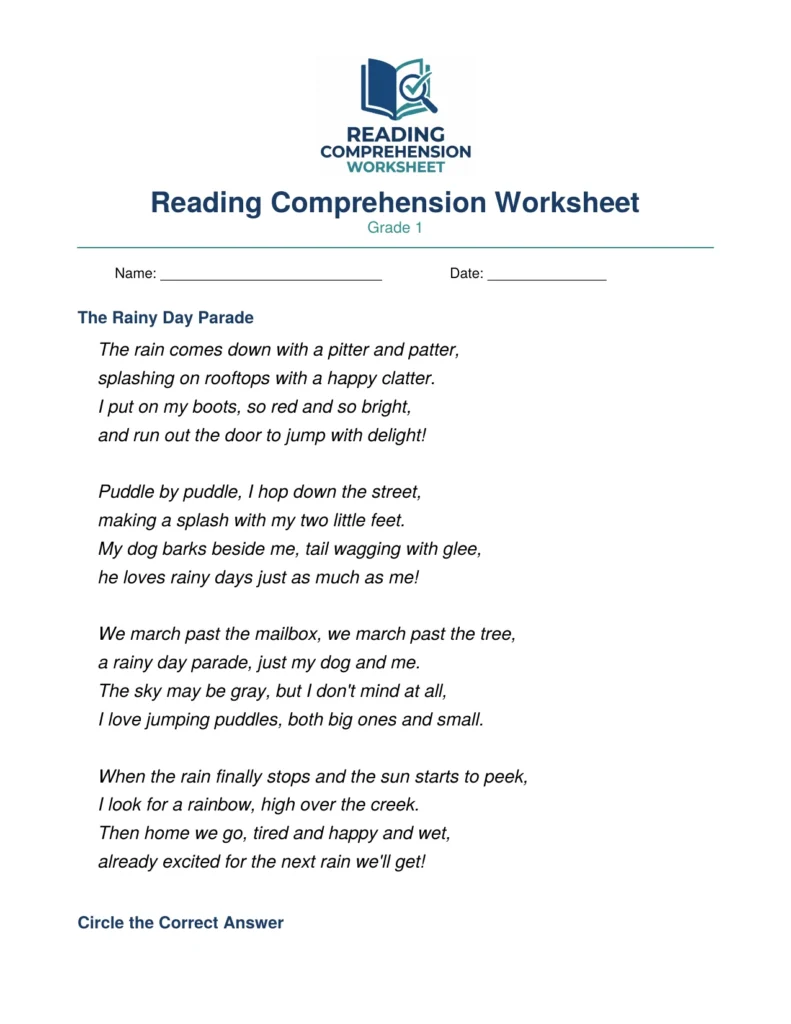Grade 1 Poetry Worksheet: The Rainy Day Parade (PDF)
