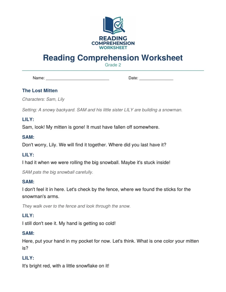 Grade 2 Play Script Worksheet: The Lost Mitten
