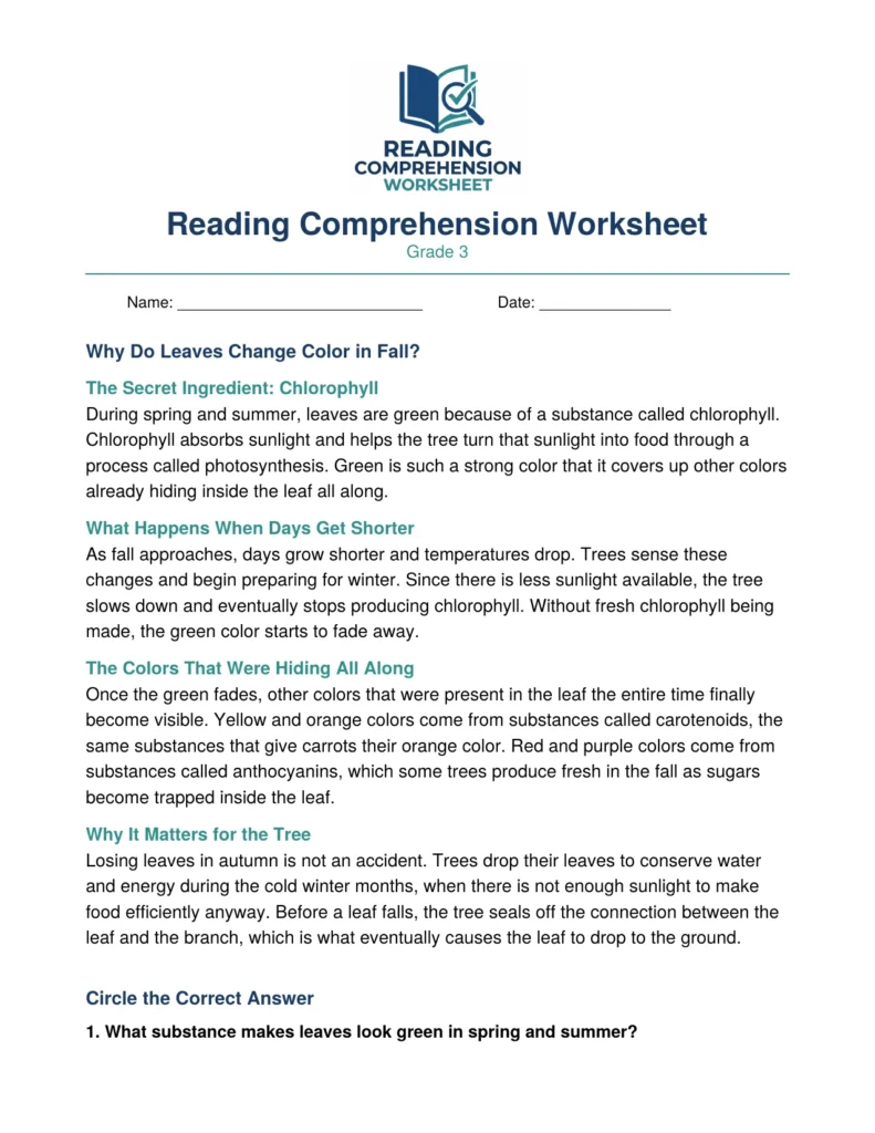 Grade 3 Nonfiction Worksheet: Why Leaves Change Color