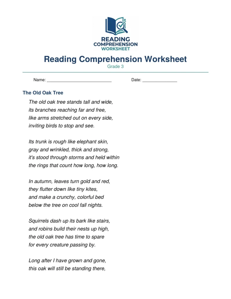 Grade 3 Poetry Worksheet: The Old Oak Tree (PDF)