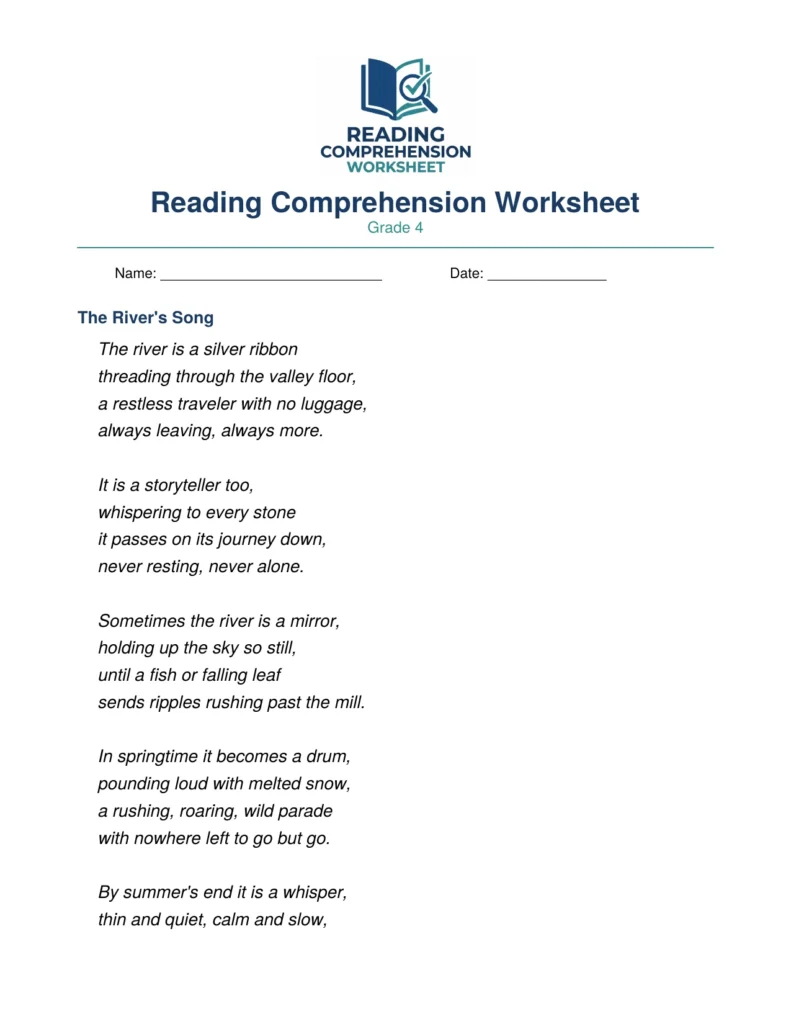 Grade 4 Poetry Worksheet: The River's Song (PDF)