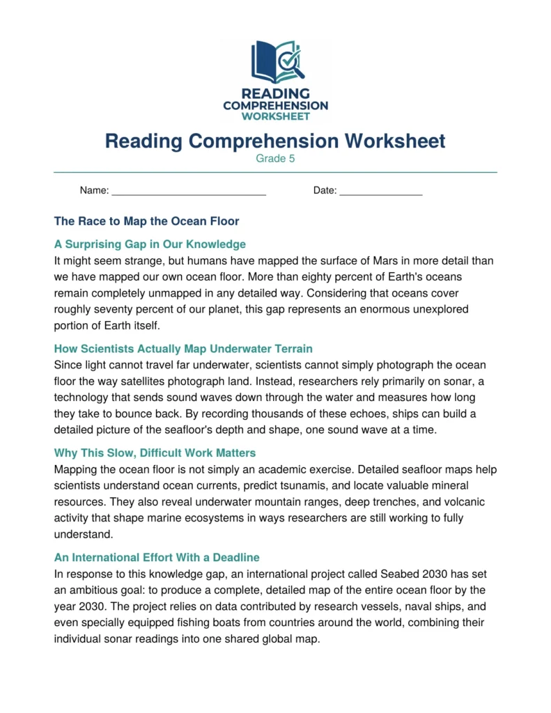 Grade 5 Nonfiction Worksheet: Mapping the Ocean Floor