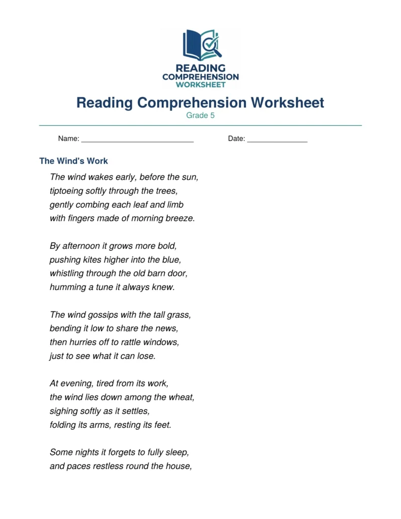 Grade 5 Poetry Worksheet: The Wind's Work (PDF)