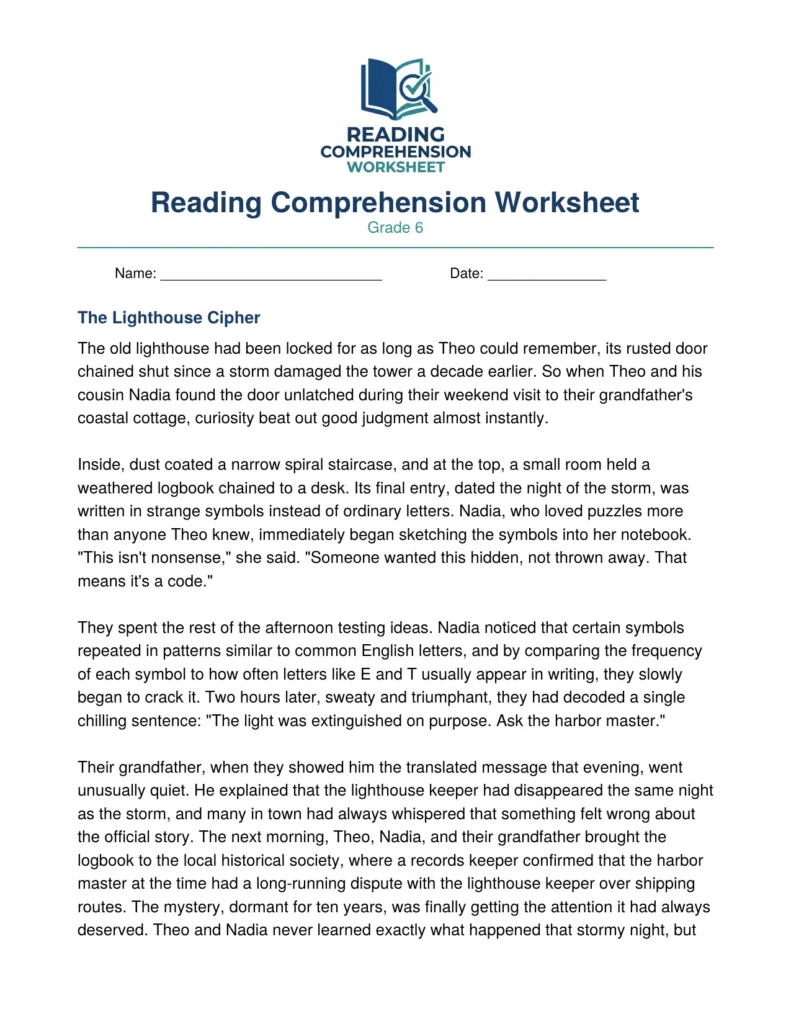 Grade 6 Mystery Worksheet: "The Lighthouse Cipher" (PDF)
