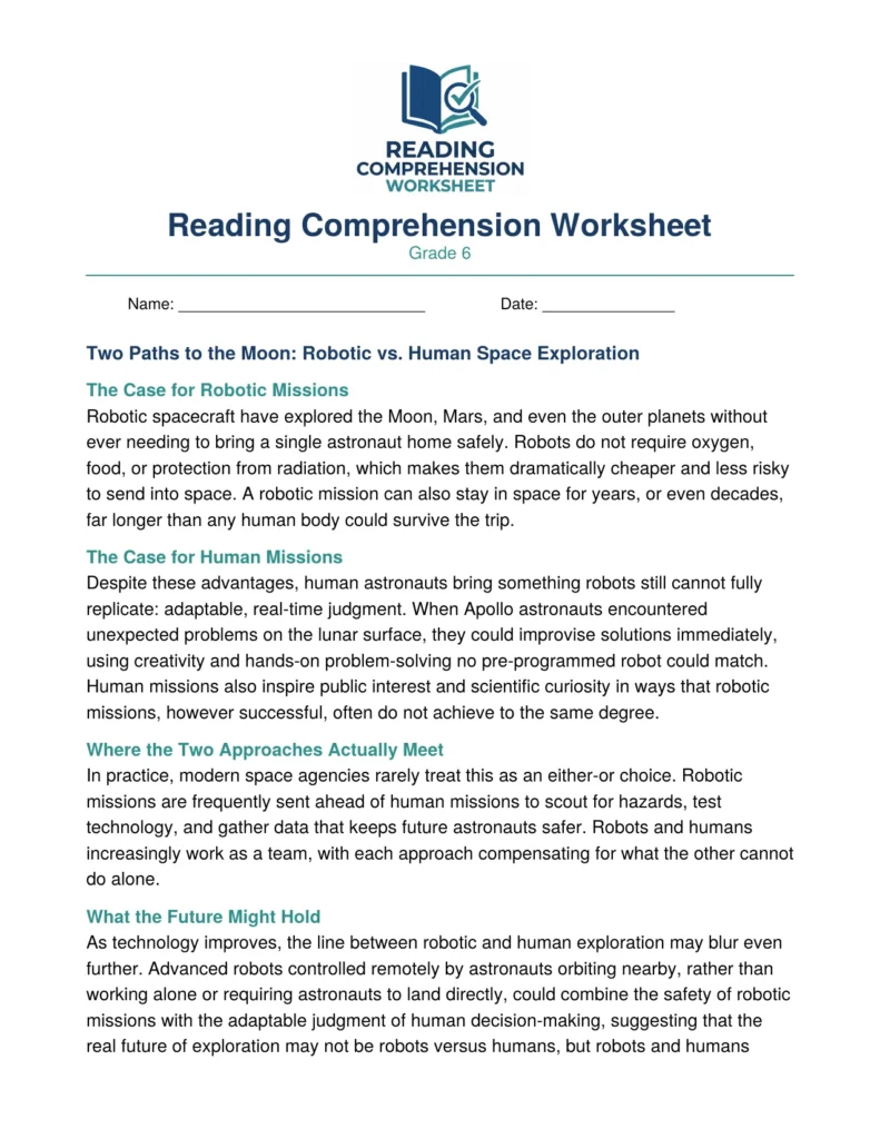 Grade 6 Nonfiction Worksheet: Robotic vs. Human Space