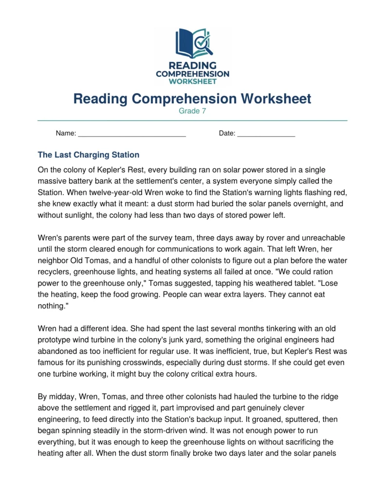 Grade 7 Science Fiction Worksheet: The Last Charging Station