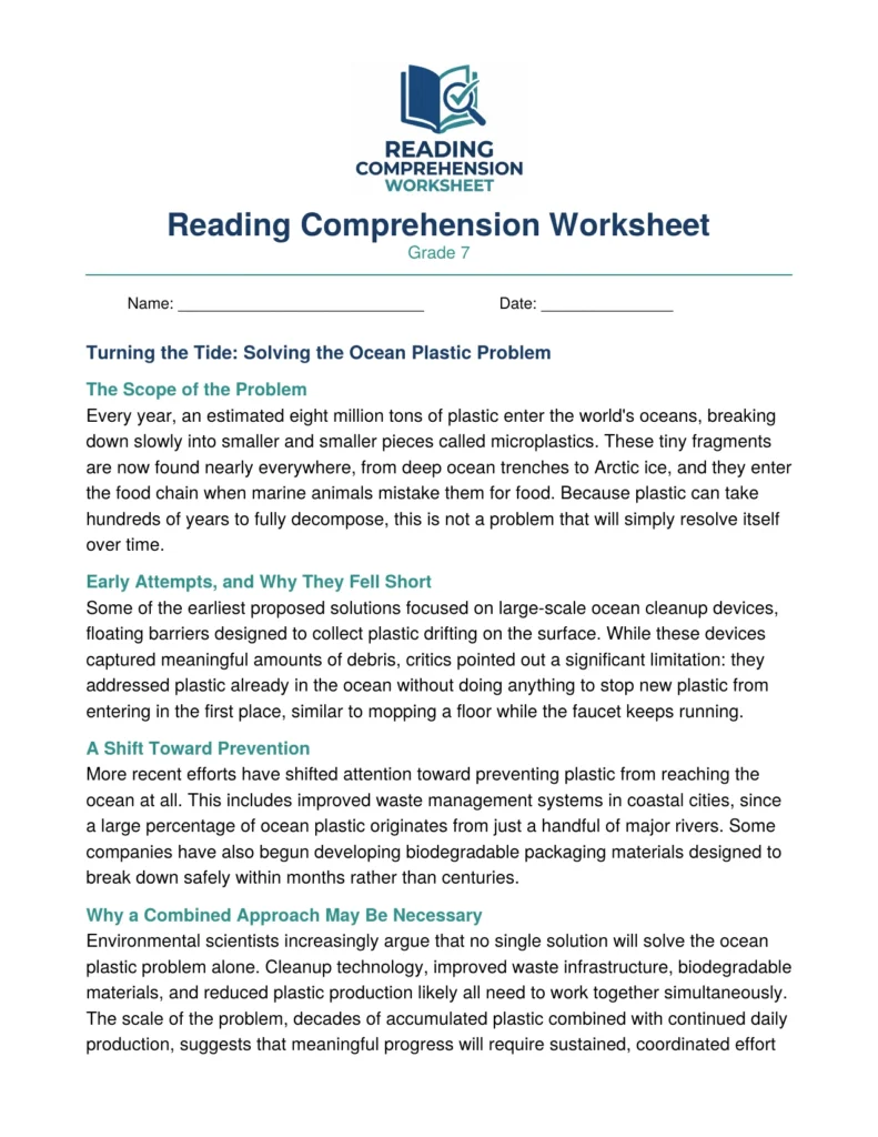 Grade 7 Nonfiction Worksheet: The Ocean Plastic Problem