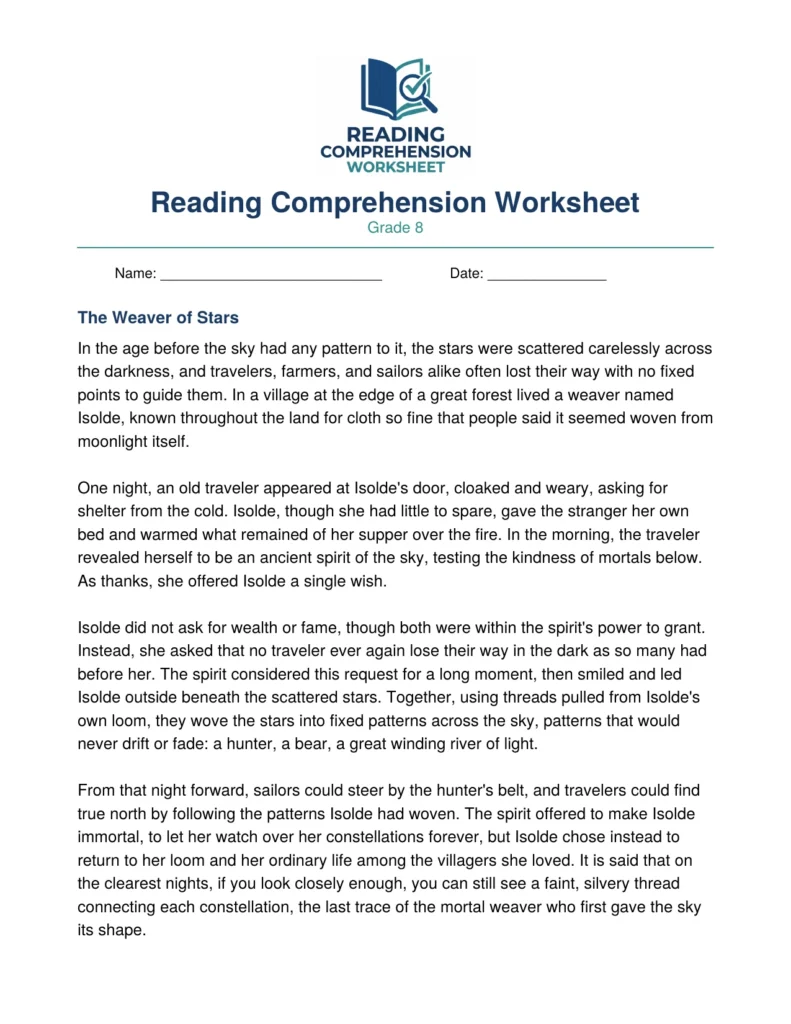 Grade 8 Myth Worksheet: "The Weaver of Stars" (PDF)