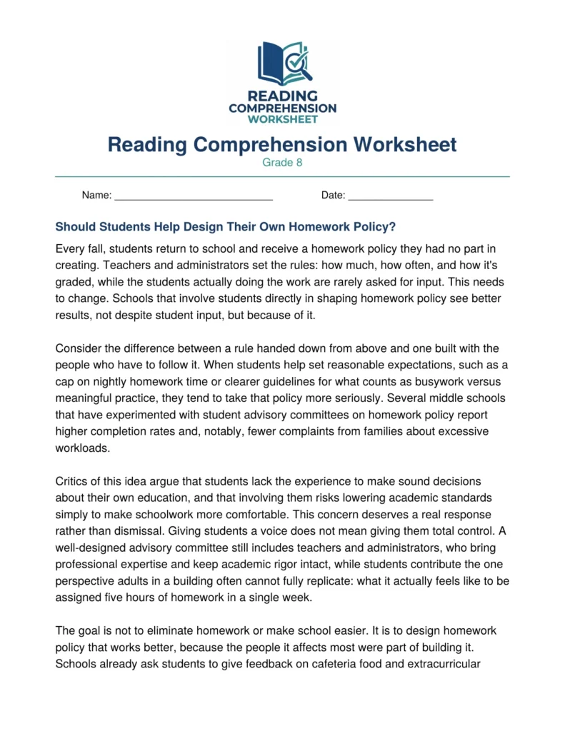Grade 8 Persuasive Essay Worksheet: Homework Policy (PDF)
