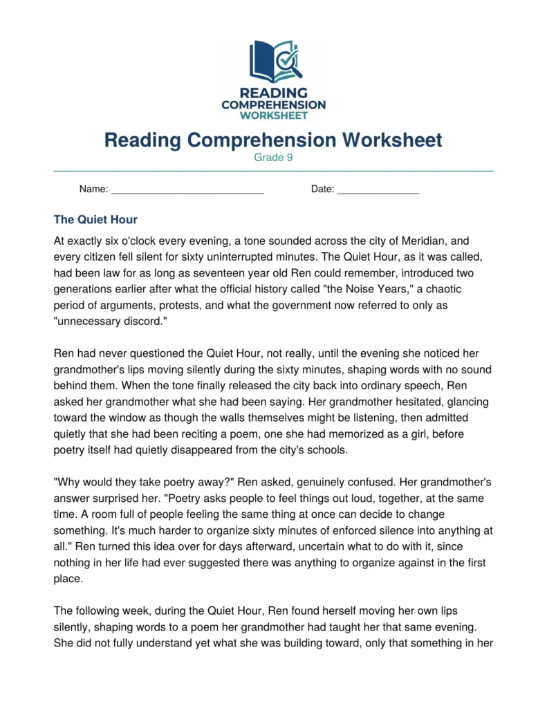 Grade 9 Dystopian Fiction Worksheet: "The Quiet Hour"