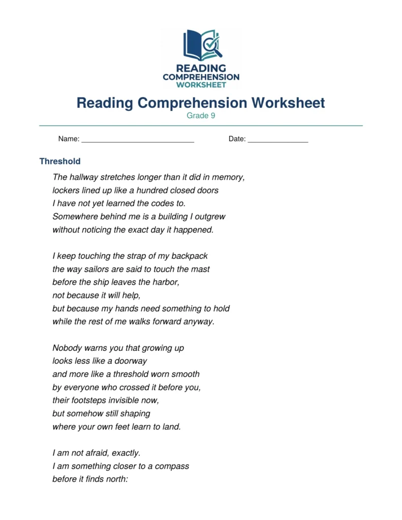 Grade 9 Poetry Worksheet: "Threshold" (PDF)