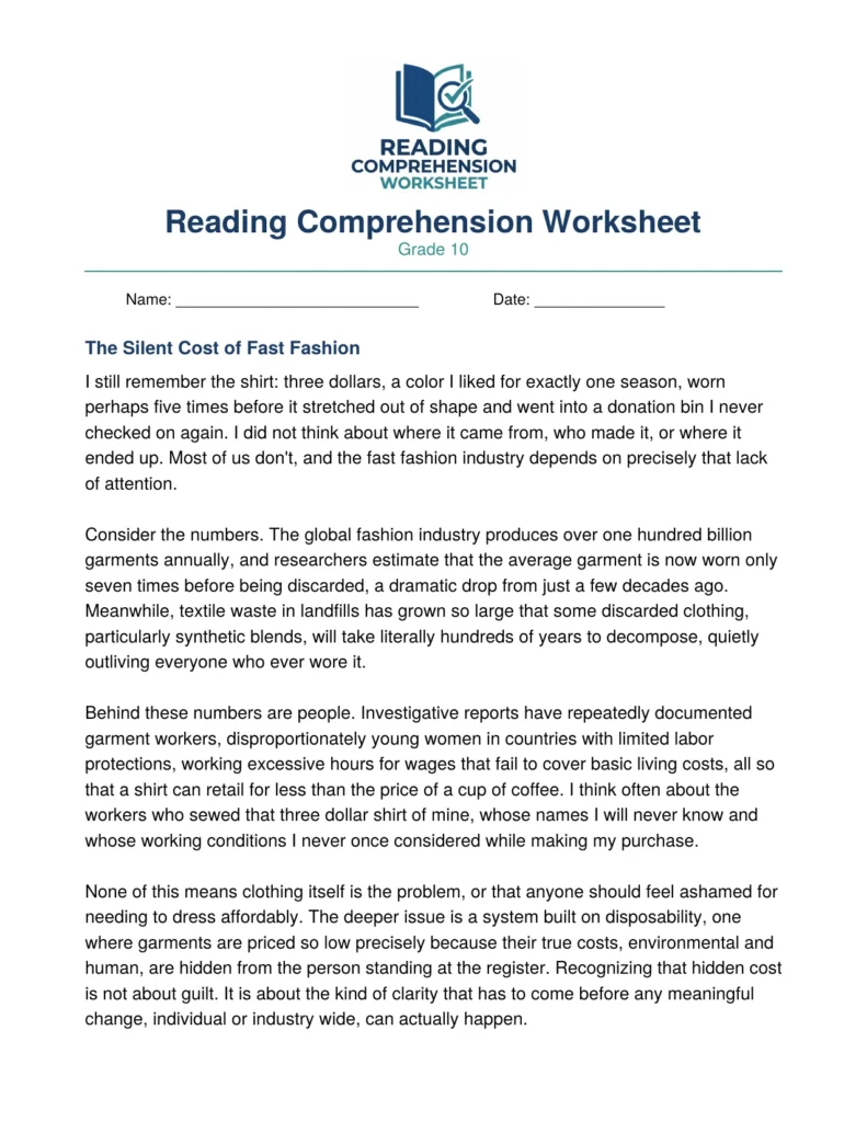 Grade 10 Rhetorical Appeals Worksheet: Fast Fashion Essay