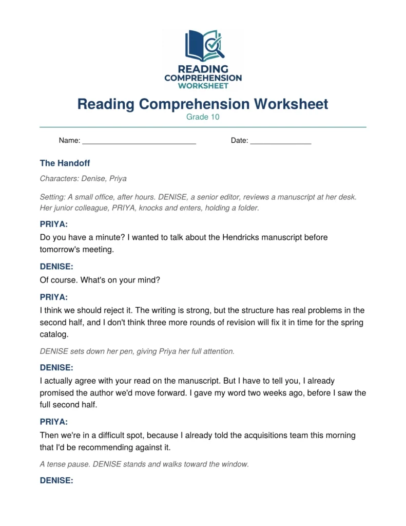 Grade 10 Drama Worksheet: The Handoff (PDF)