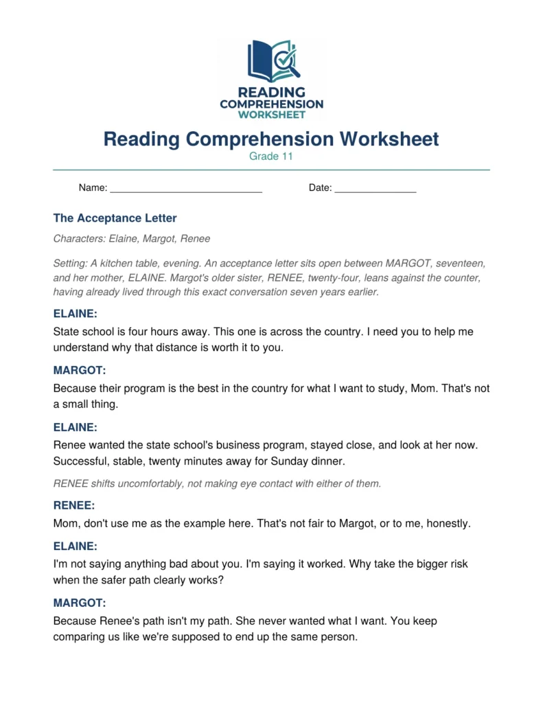 Grade 11 Drama Worksheet: The Acceptance Letter