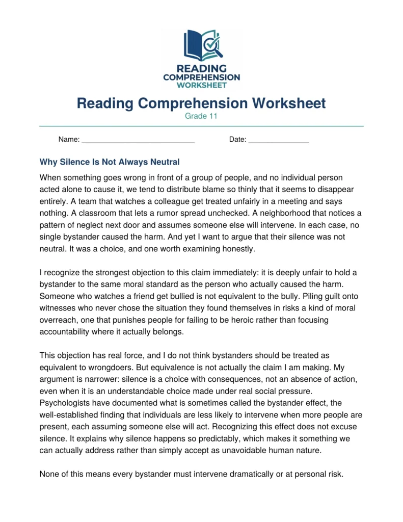 Grade 11 Argumentative Essay Worksheet: Why Silence Isn't Neutral
