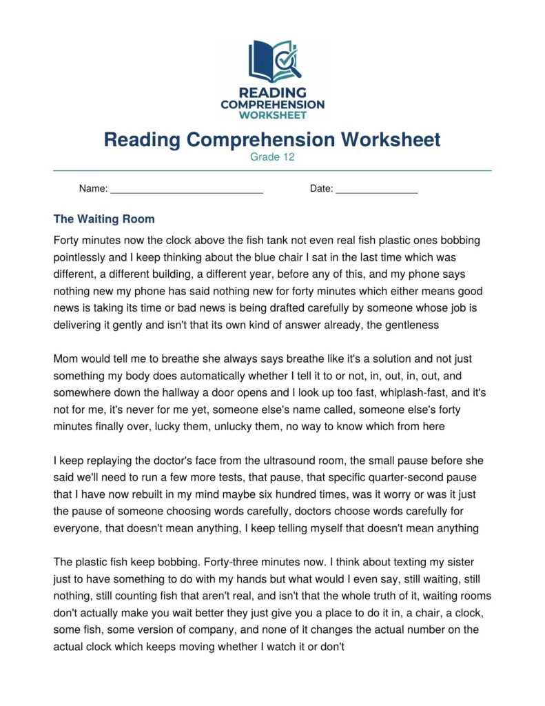 Grade 12 Stream of Consciousness Worksheet: Waiting Room