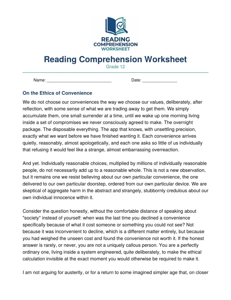 Grade 12 Rhetorical Analysis Worksheet: Ethics of Convenience