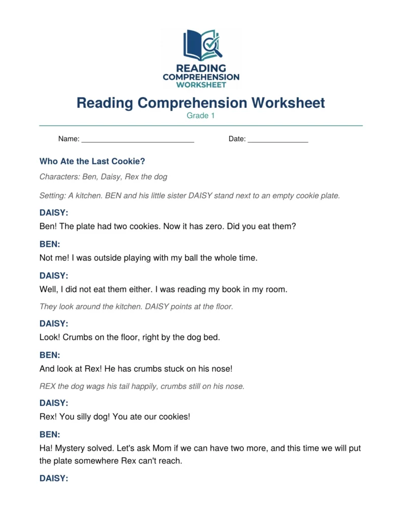 Grade 1 Play Script Worksheet: Who Ate the Last Cookie? (PDF)