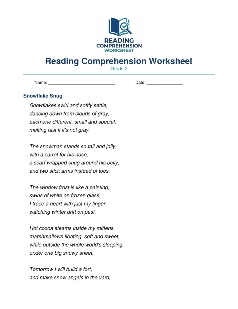 Grade 2 Poetry Worksheet: Snowflake Snug (PDF)
