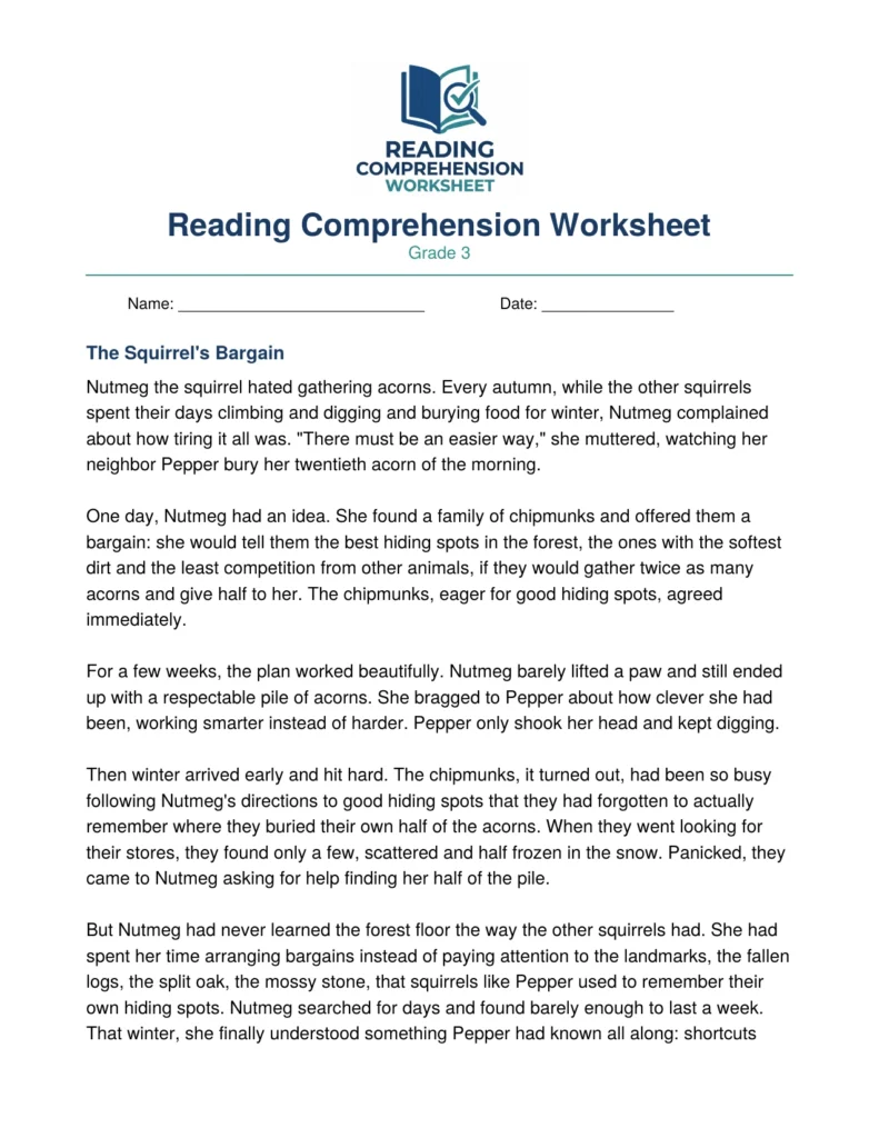 Grade 3 Fable Worksheet: The Squirrel's Bargain (PDF)
