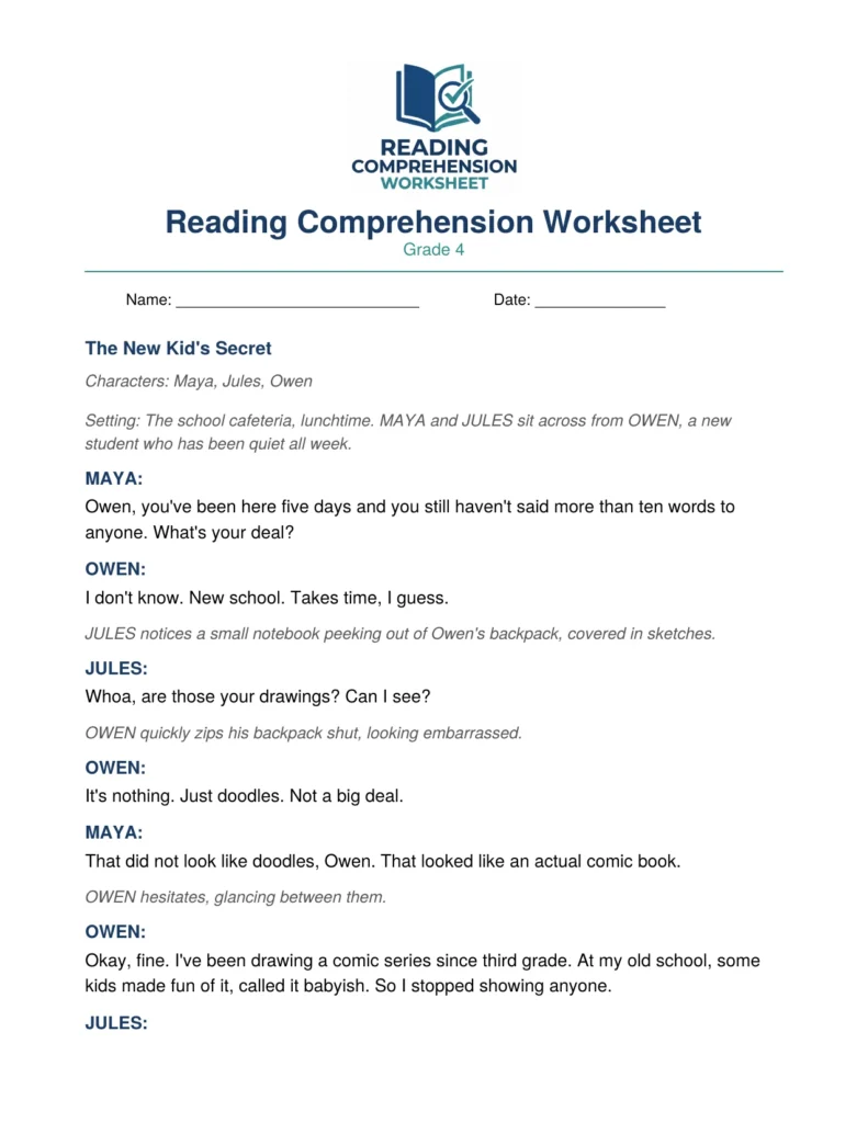 Grade 4 Drama Worksheet: The New Kid's Secret (PDF)