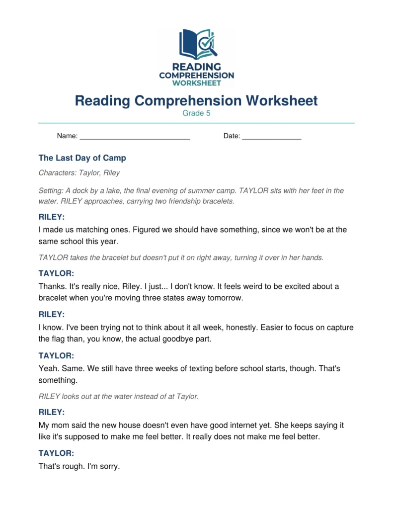Grade 5 Drama Worksheet: The Last Day of Camp (PDF)