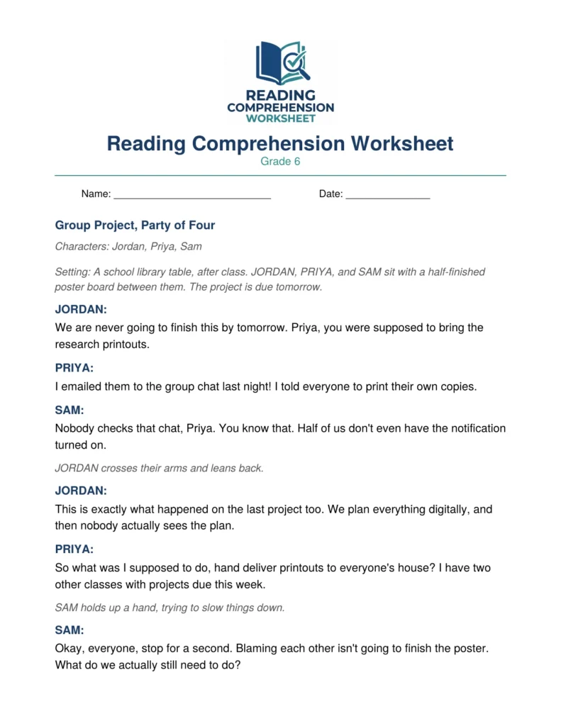 Grade 6 Drama Worksheet: Group Project, Party of Four